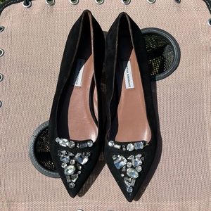 Tabitha Simmons black suede and rhinestone flat ballet shoes.